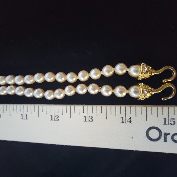 Nolan Miller Gold Faux Pearl Necklace Pave Crystals Lyre Shaped Pendant - Picture 12 of 14